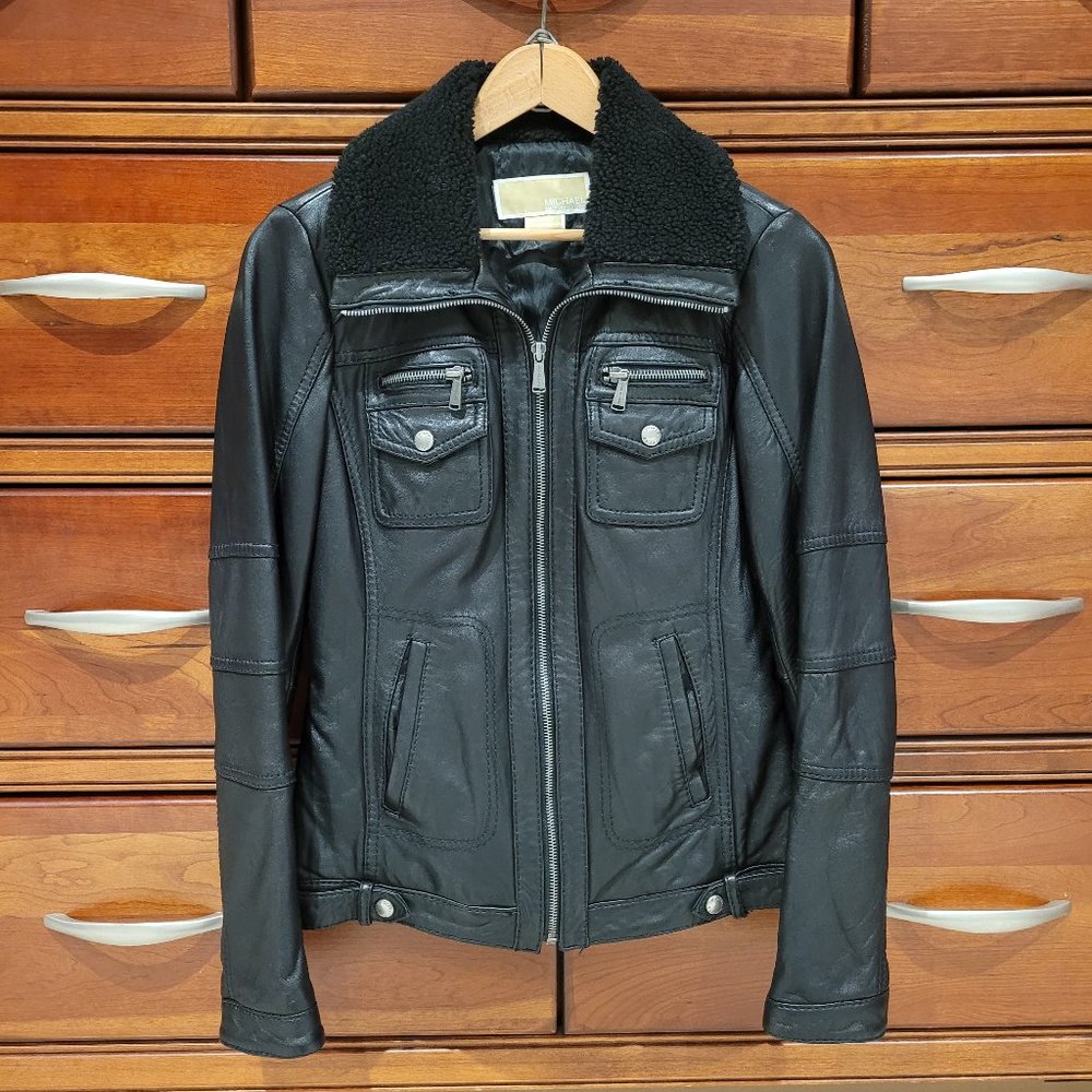 Michael Kors Black Genuine Leather Aviator Jacket with Sherpa Collar XS